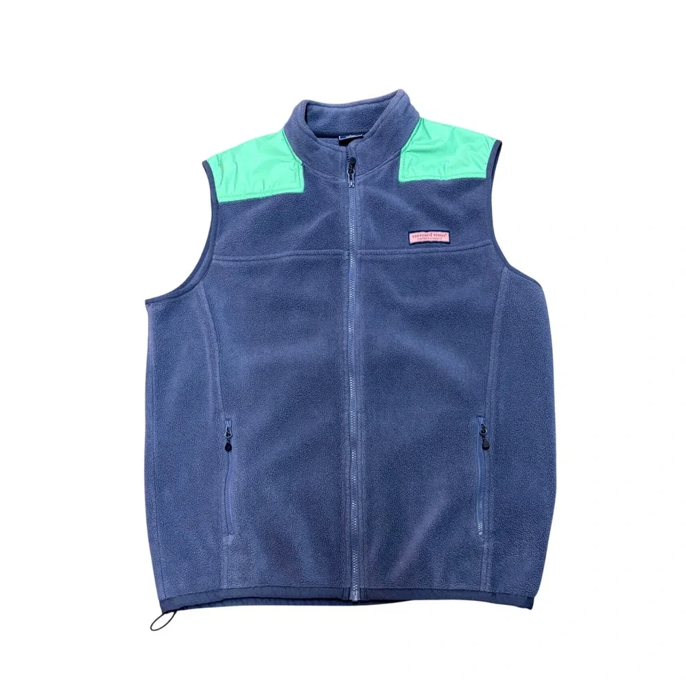 Vineyard Vines Mens Fleece Vest Blue Green Colorblock Full Zip Mock Neck Large